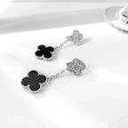 VCA CLOVER 2 MOTIFS DIAMOND ONYX EARRINGS SILVER