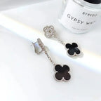 VCA CLOVER 2 MOTIFS DIAMOND ONYX EARRINGS SILVER
