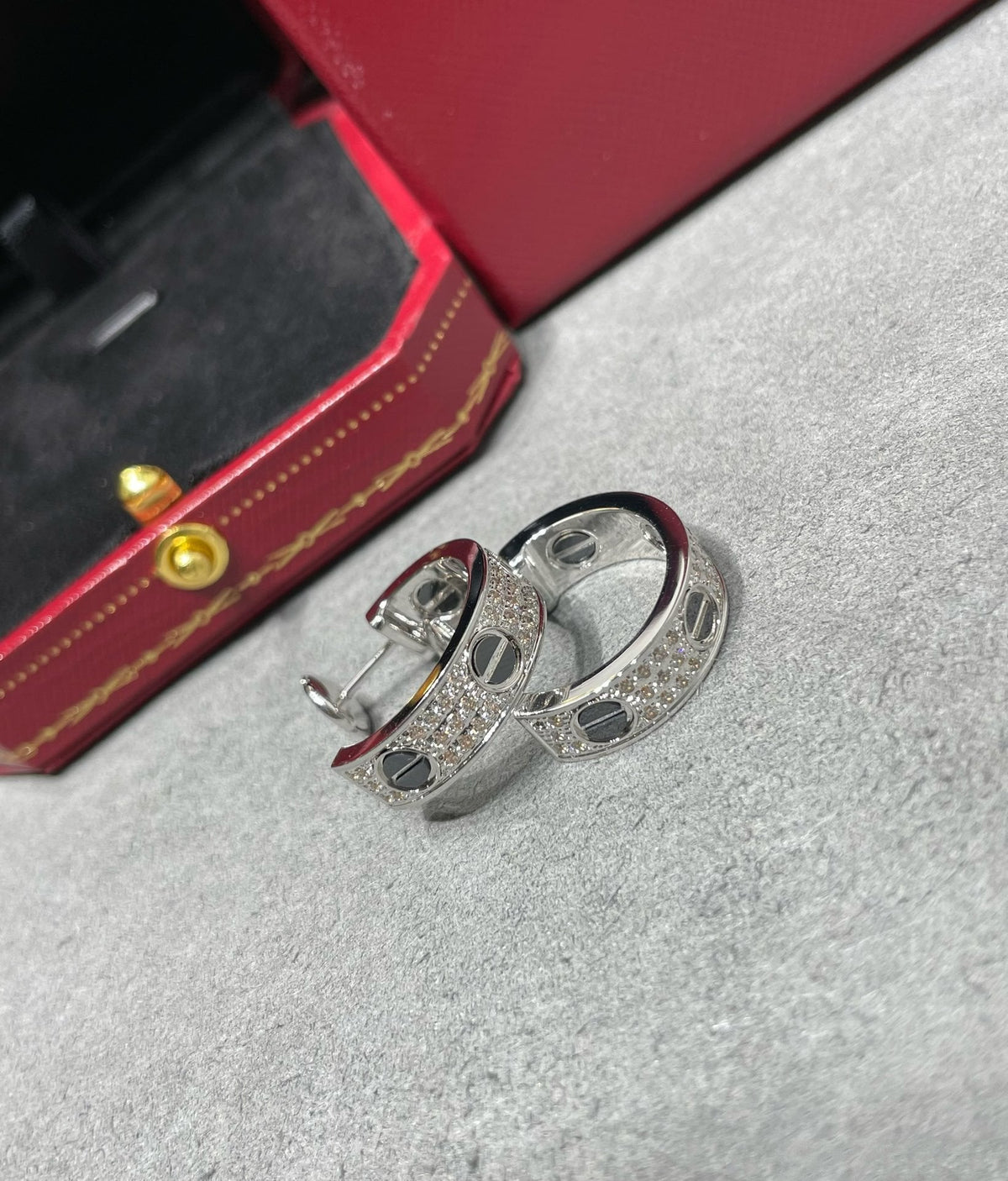 CARTIER LOVE CERAMIC DIAMOND PAVED SILVER EARRINGS