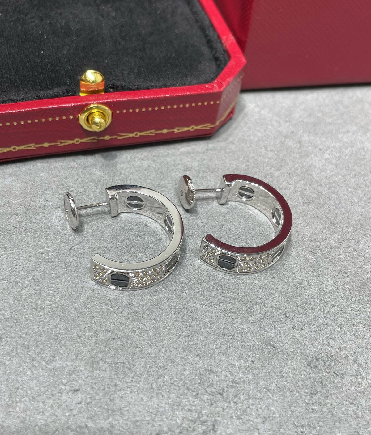 CARTIER LOVE CERAMIC DIAMOND PAVED SILVER EARRINGS