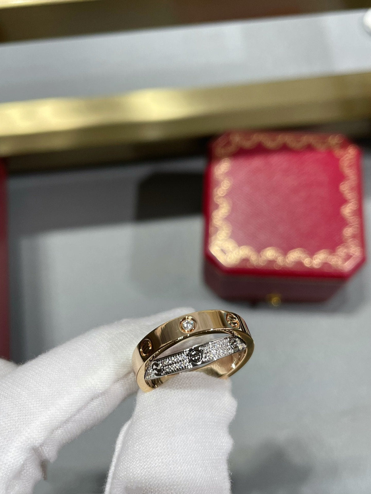 CARTIER LOVE PINK GOLD SILVER DIAMOND DOUBLE RING