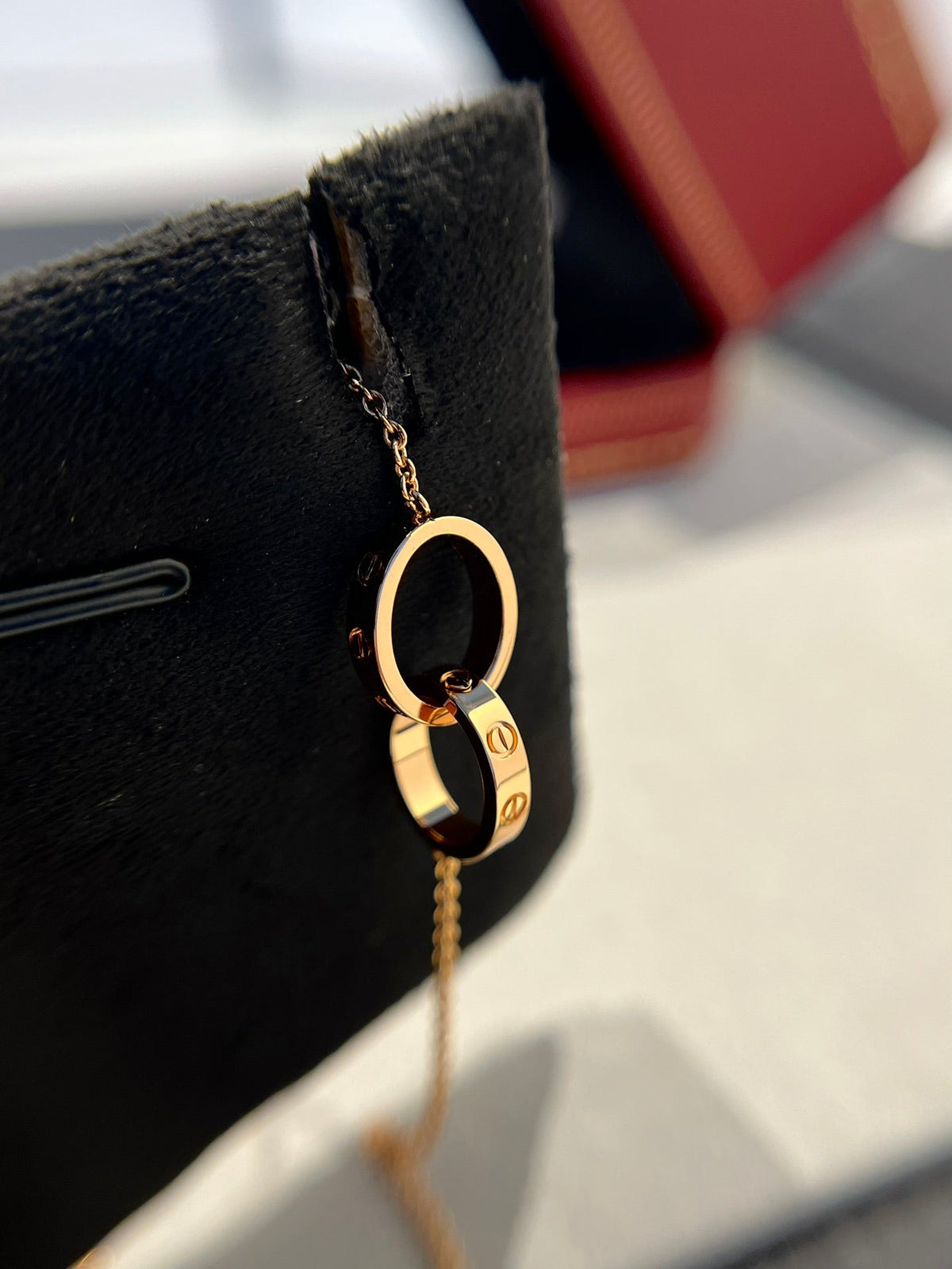 CARTIER LOVE NECKLACE DOUBLE RING PINK GOLD