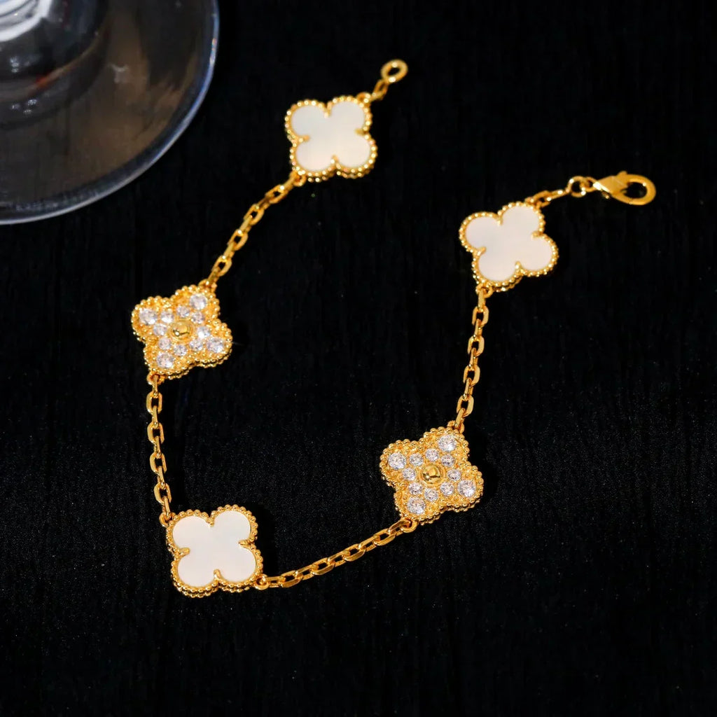 VCA CLOVER WHITE PEARL MOP 5 MOTIF BRACELET COLLECTION