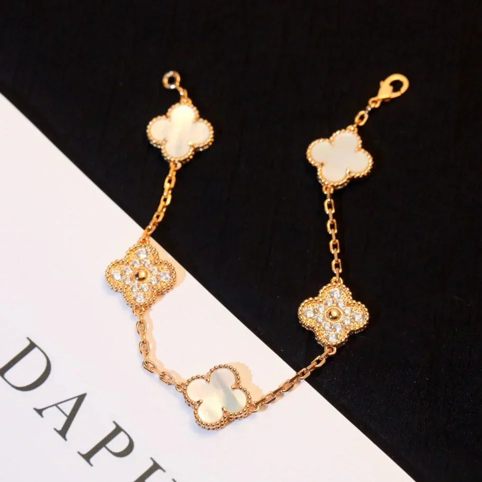 VCA CLOVER WHITE PEARL MOP 5 MOTIF BRACELET COLLECTION