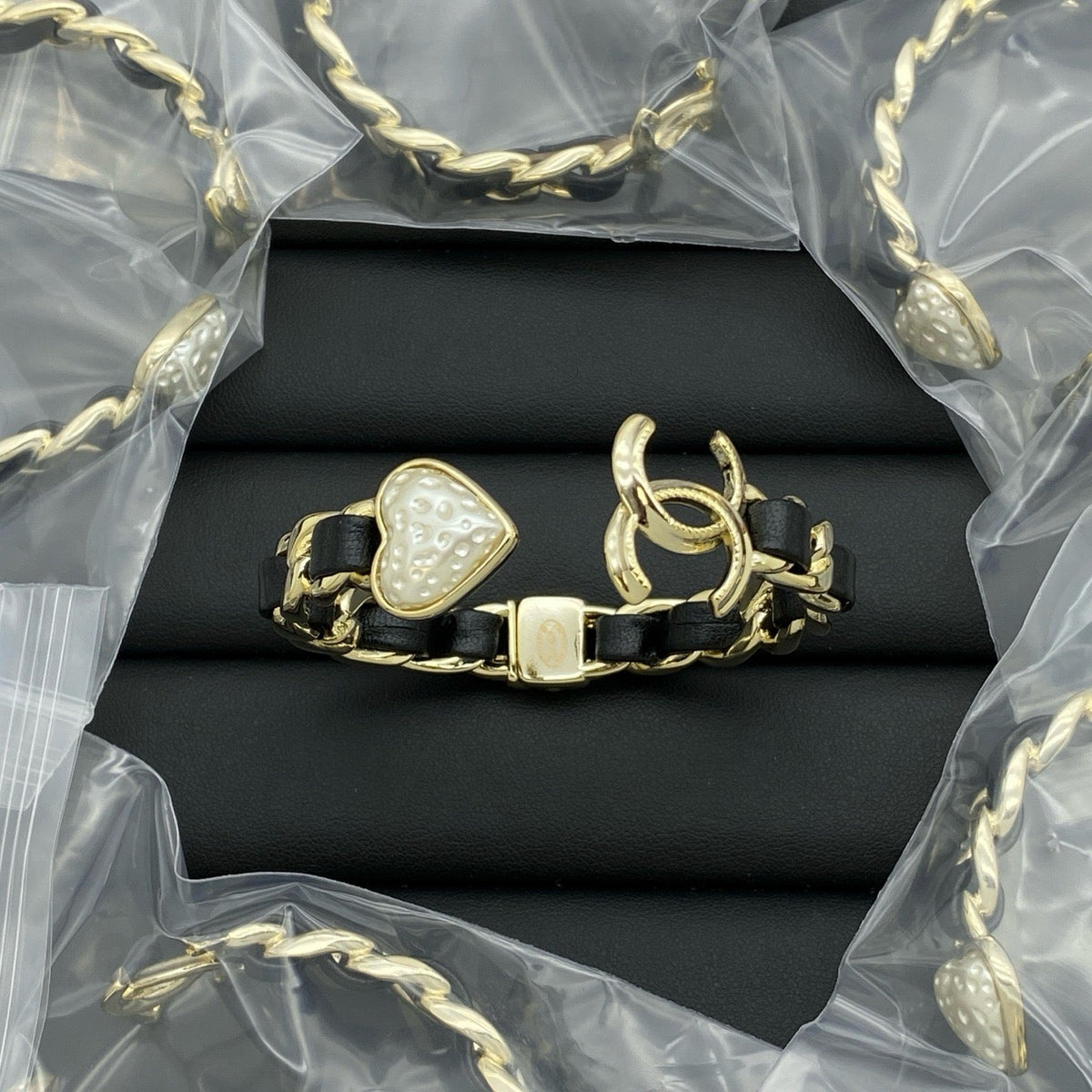 Chanel Black Leather White Pearl Bangle Bracelets