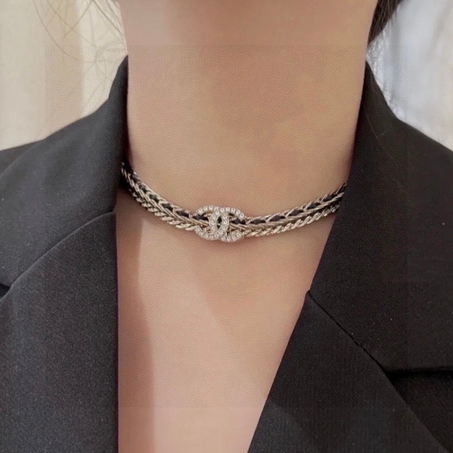 Chanel Black Leather Gold Choker Necklaces