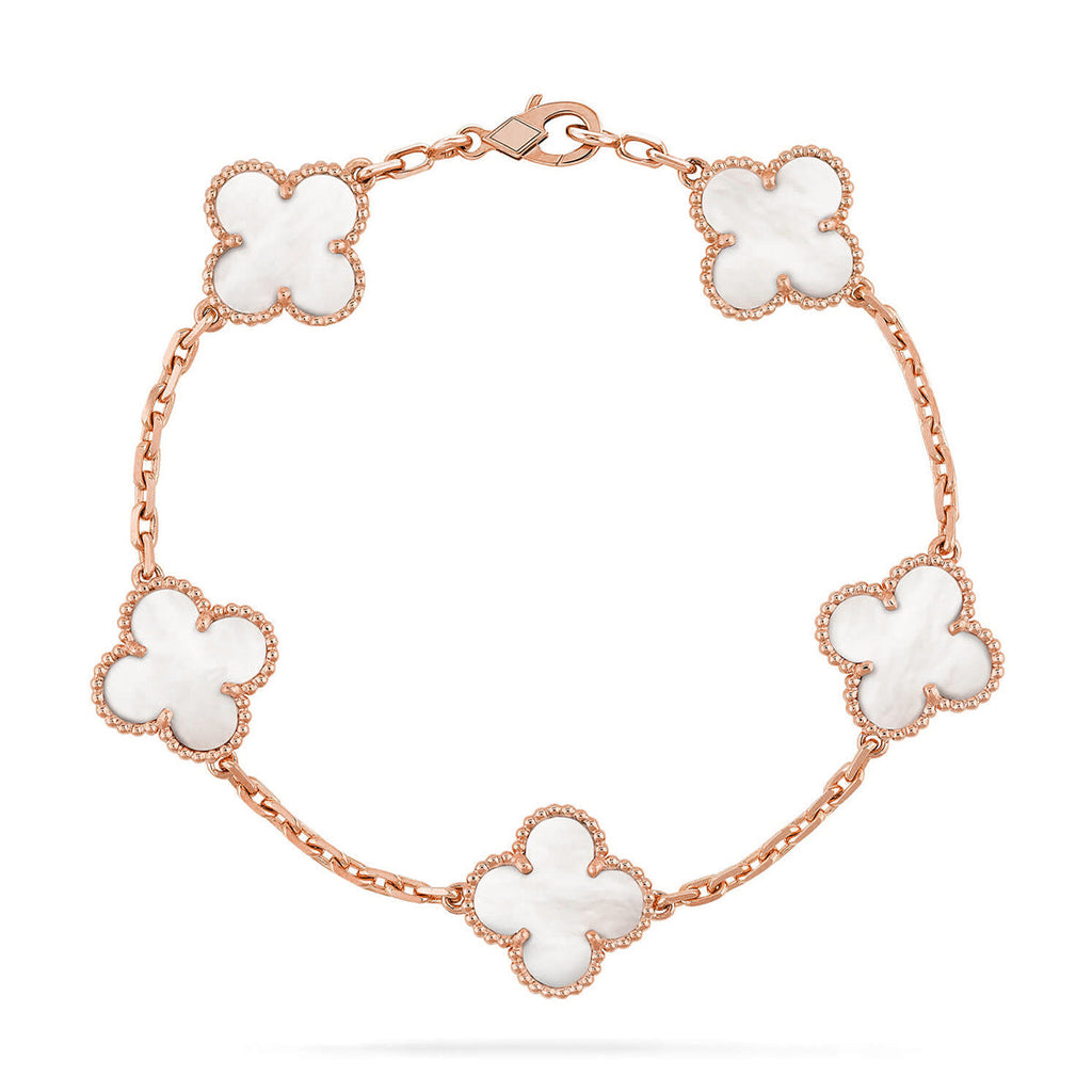 VCA CLOVER WHITE PEARL MOP 5 MOTIF BRACELET COLLECTION