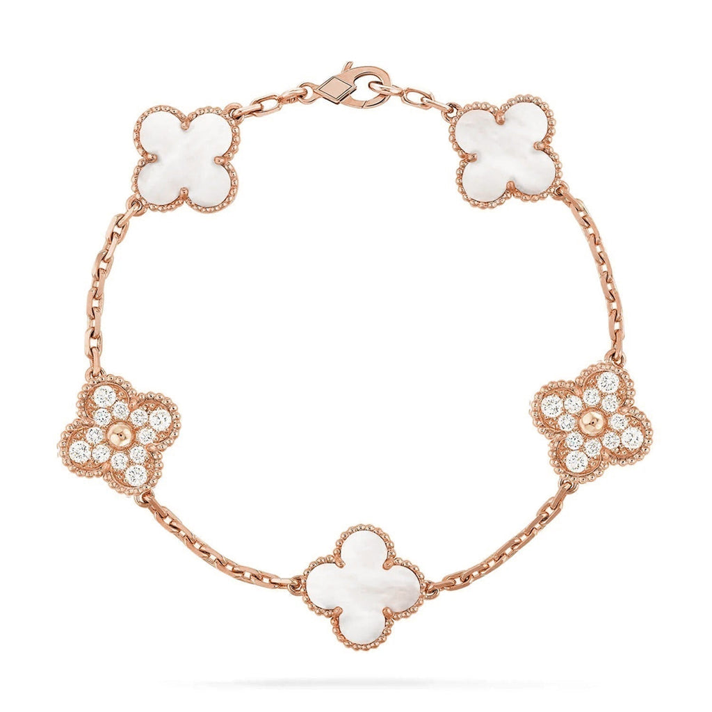 VCA CLOVER WHITE PEARL MOP 5 MOTIF BRACELET COLLECTION