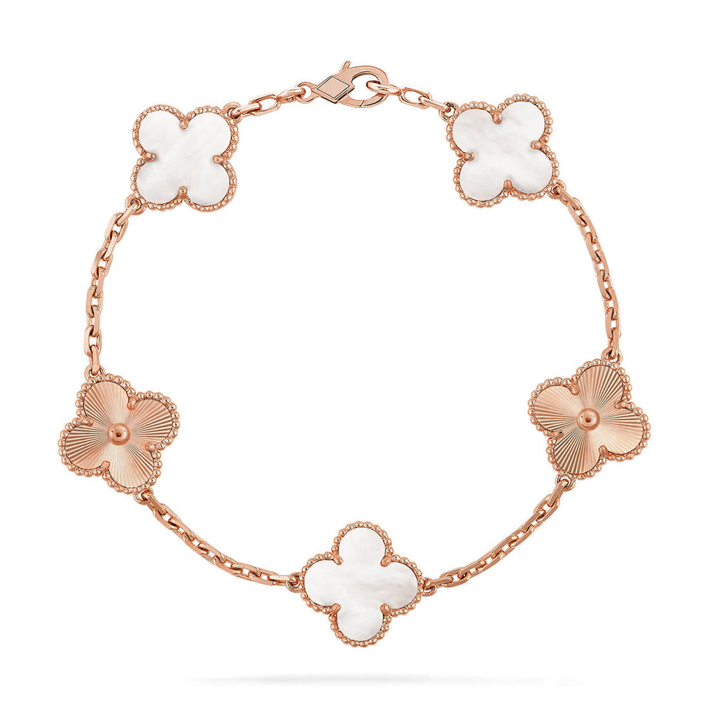 VCA CLOVER WHITE PEARL MOP 5 MOTIF BRACELET COLLECTION