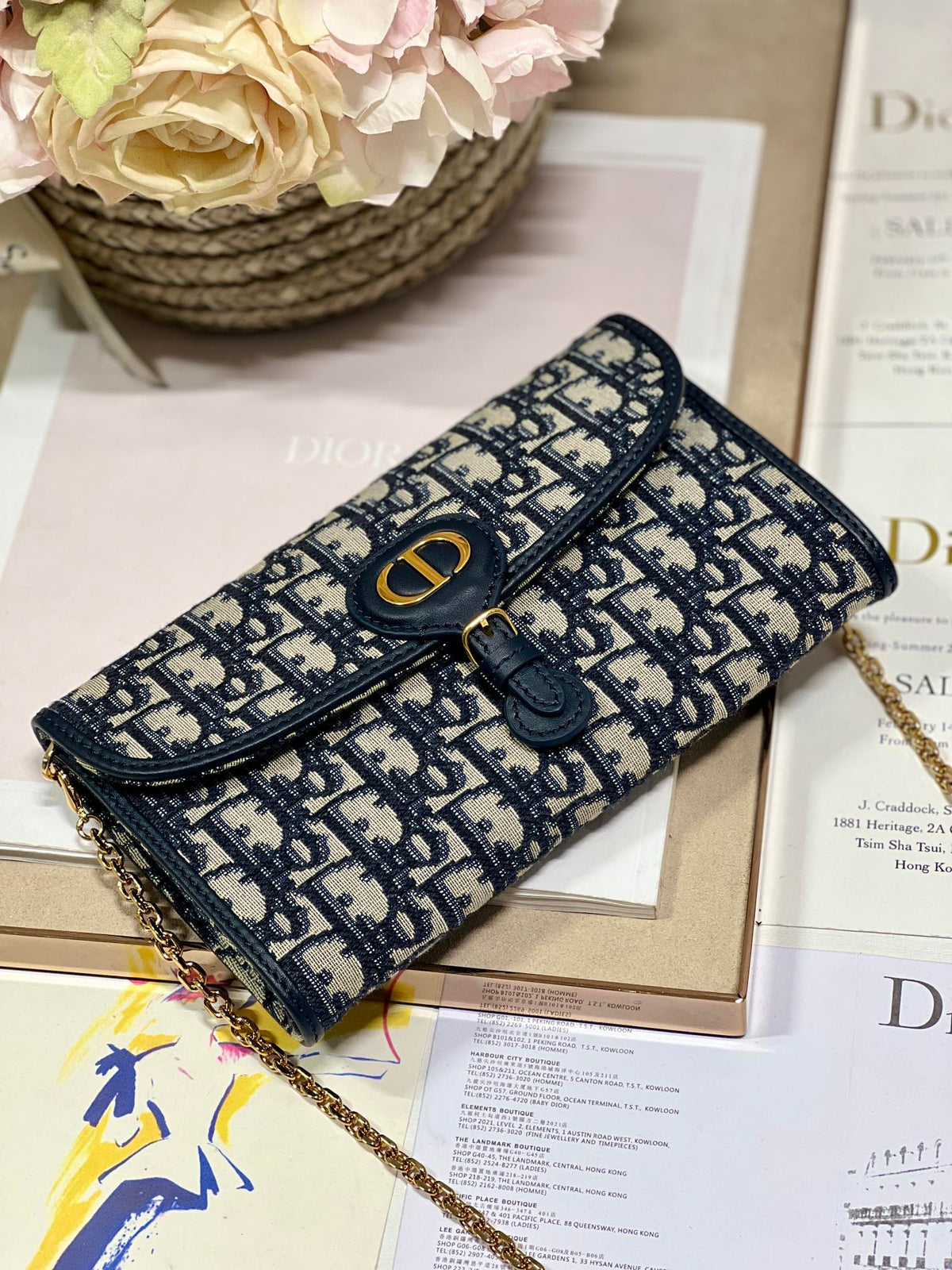 dior-bobby-wallet-on-chain-east-west-blue-oblique-jacquard-21-5-12-4cm Crossbody