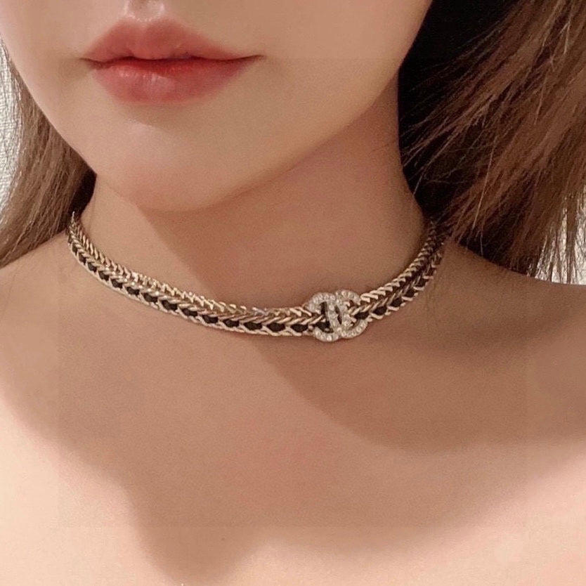 Chanel Black Leather Gold Choker Necklaces