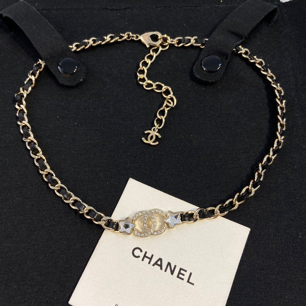 Chanel Black Leather Star Choker Necklaces