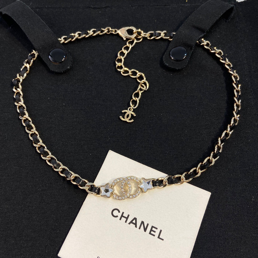 Chanel Black Leather Star Choker Necklaces