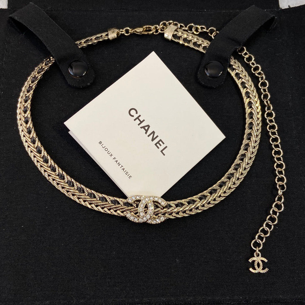Chanel Black Leather Gold Choker Necklaces