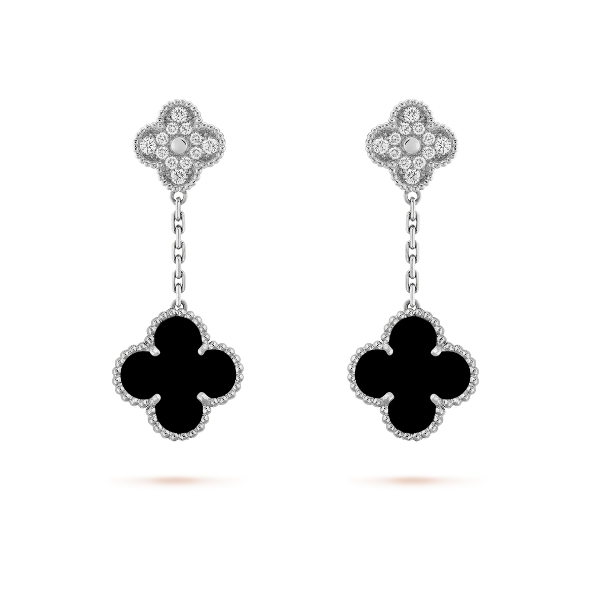 VCA CLOVER 2 MOTIFS DIAMOND ONYX EARRINGS SILVER
