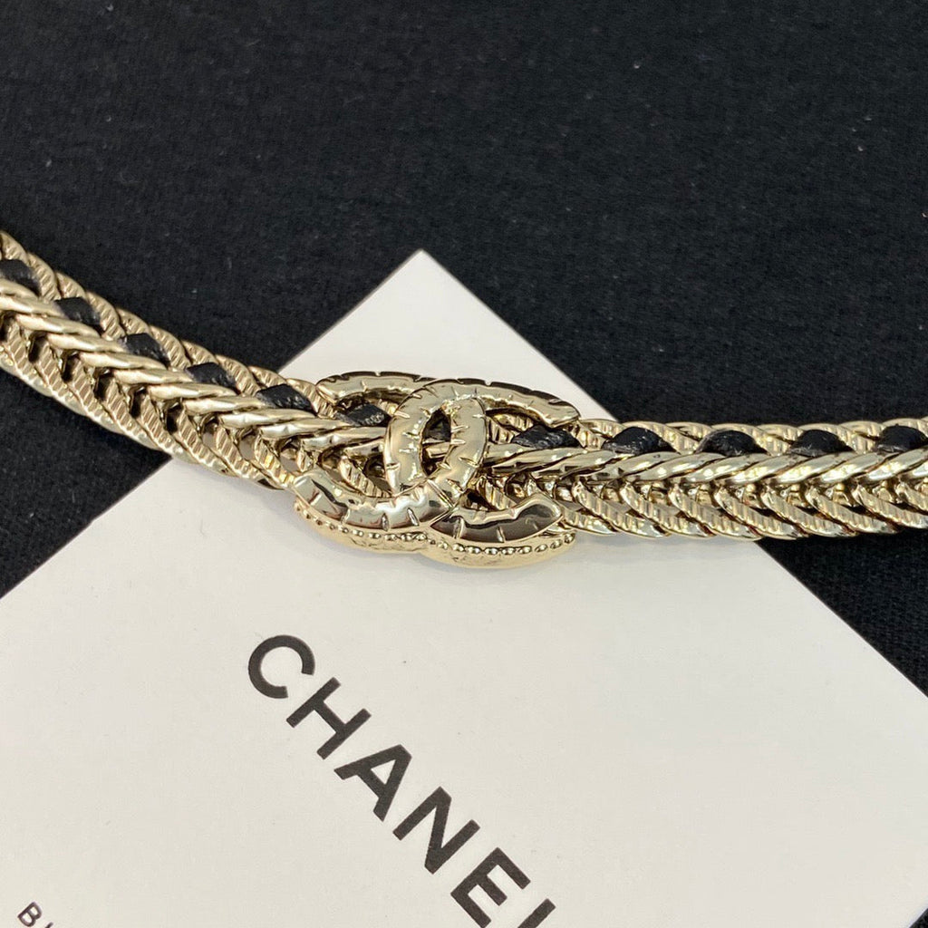 Chanel Black Leather Gold Choker Necklaces