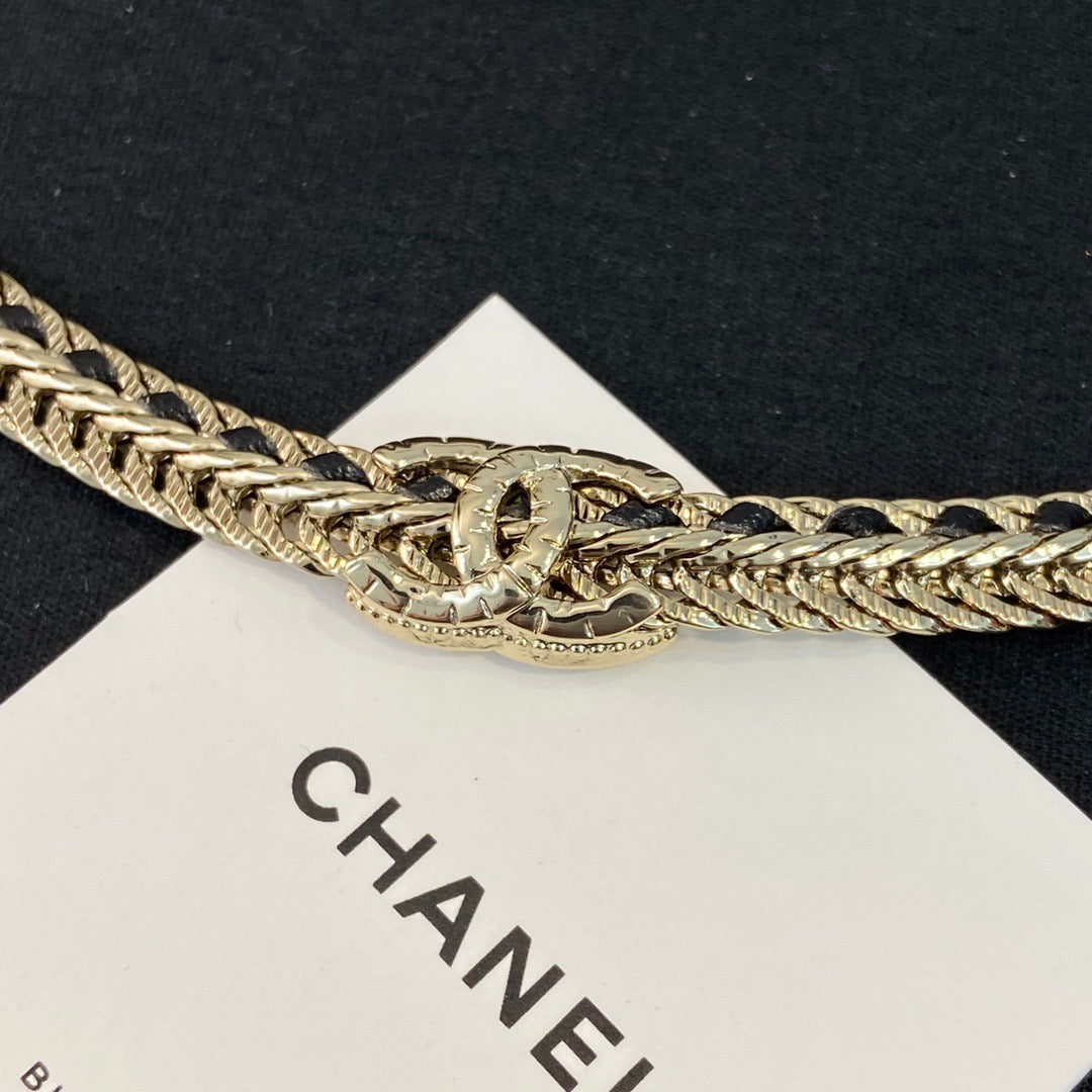 Chanel Black Leather Gold Choker Necklaces