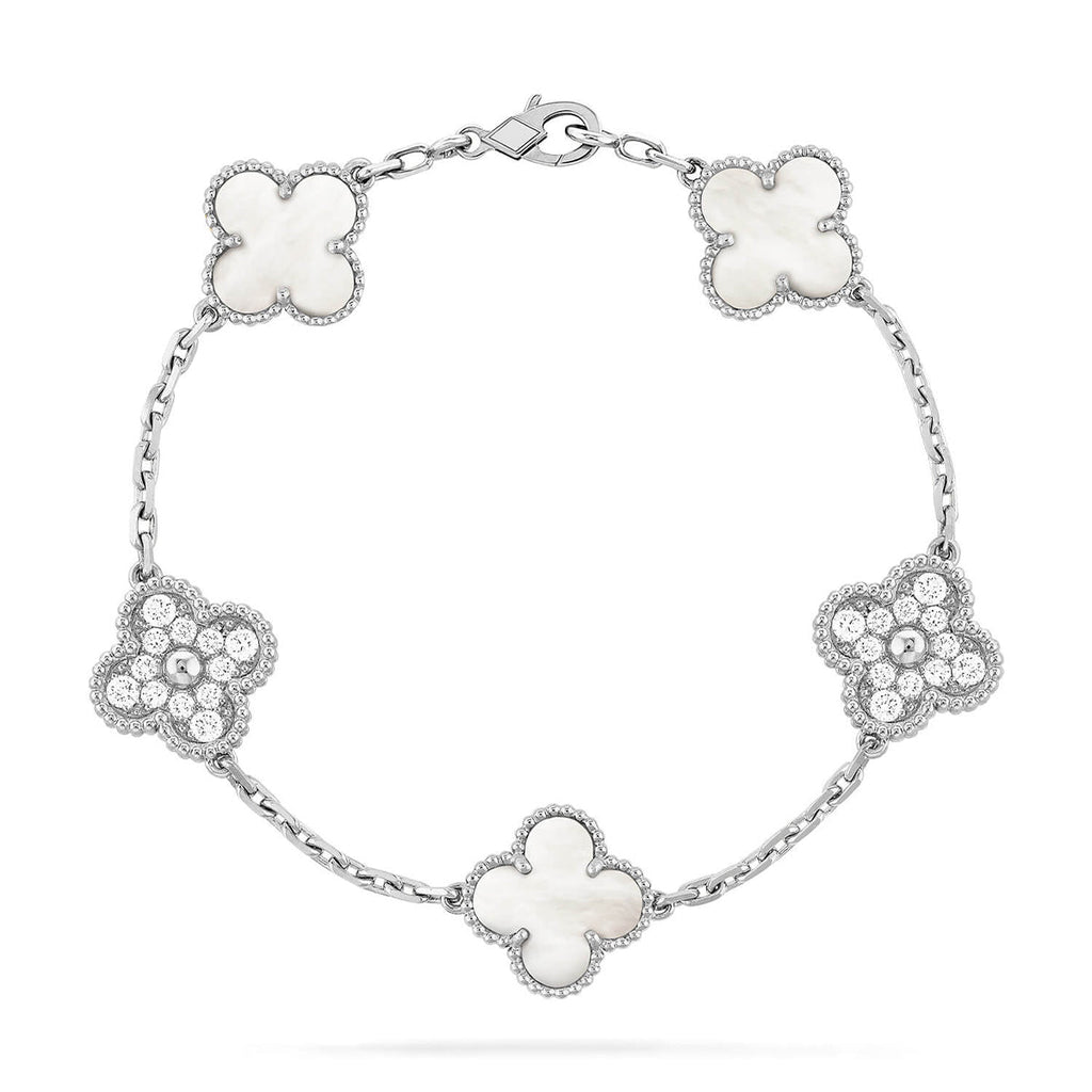 VCA CLOVER WHITE PEARL MOP 5 MOTIF BRACELET COLLECTION