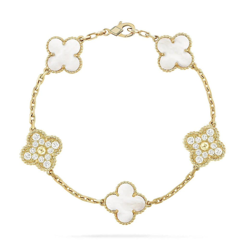 VCA CLOVER WHITE PEARL MOP 5 MOTIF BRACELET COLLECTION