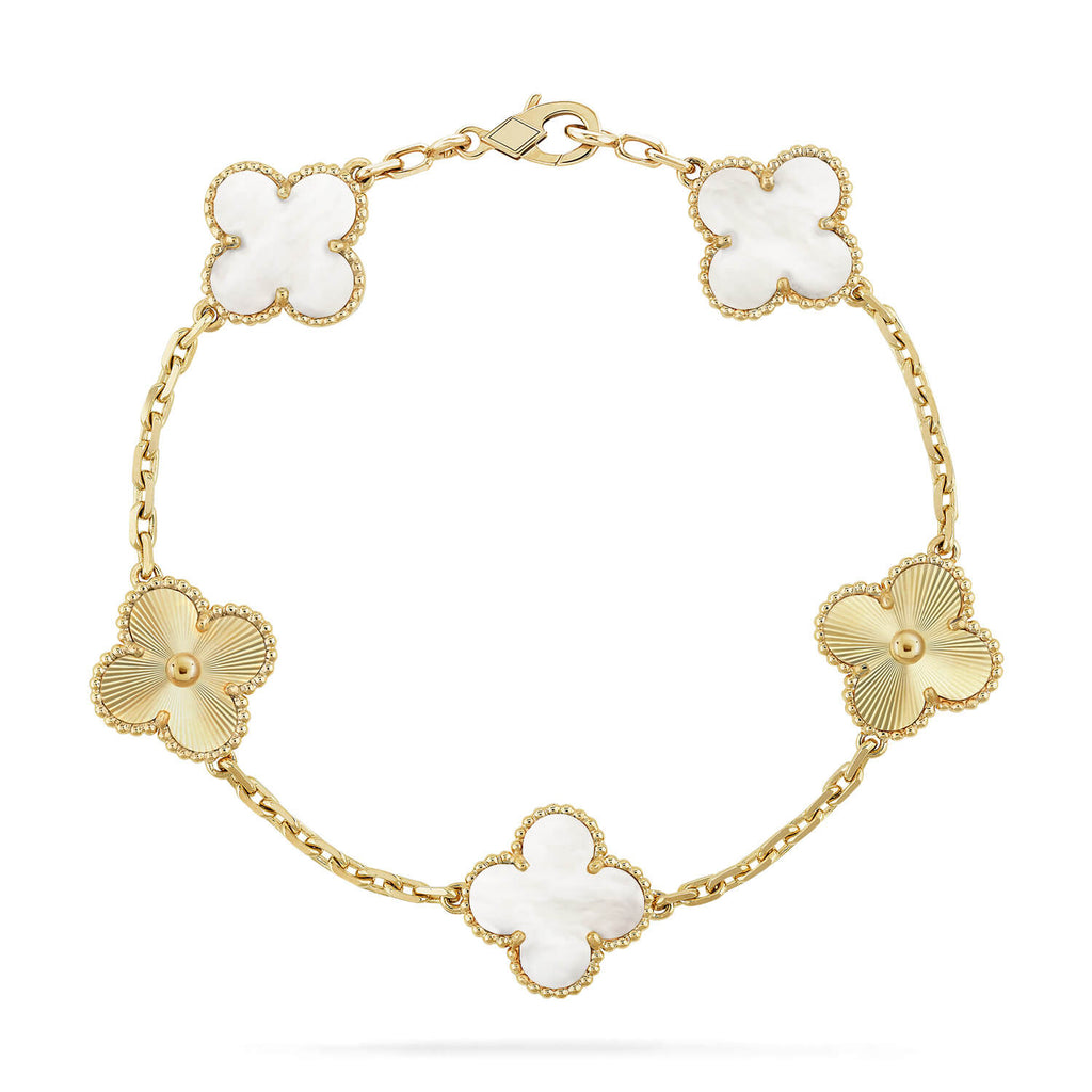 VCA CLOVER WHITE PEARL MOP 5 MOTIF BRACELET COLLECTION
