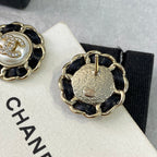 Chanel Black Leather Button Necklace Earrings