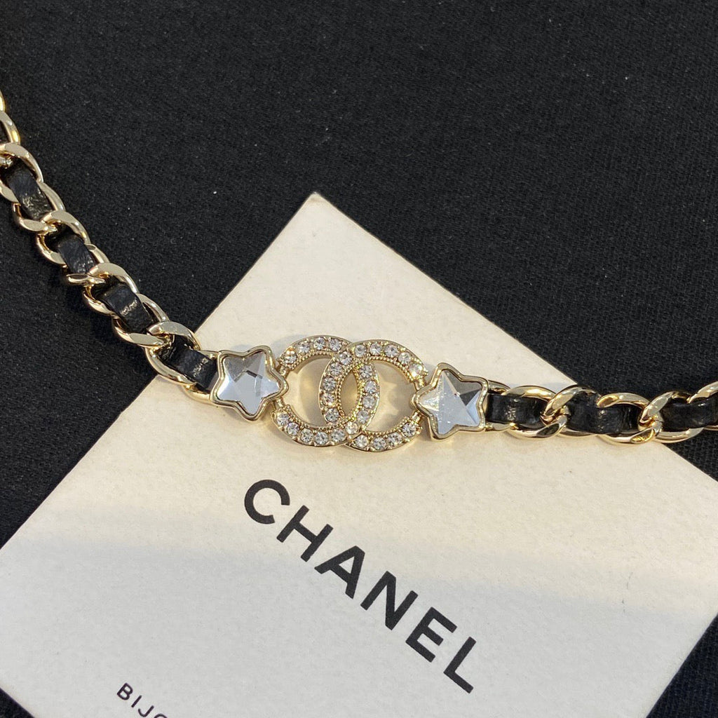 Chanel Black Leather Star Choker Necklaces