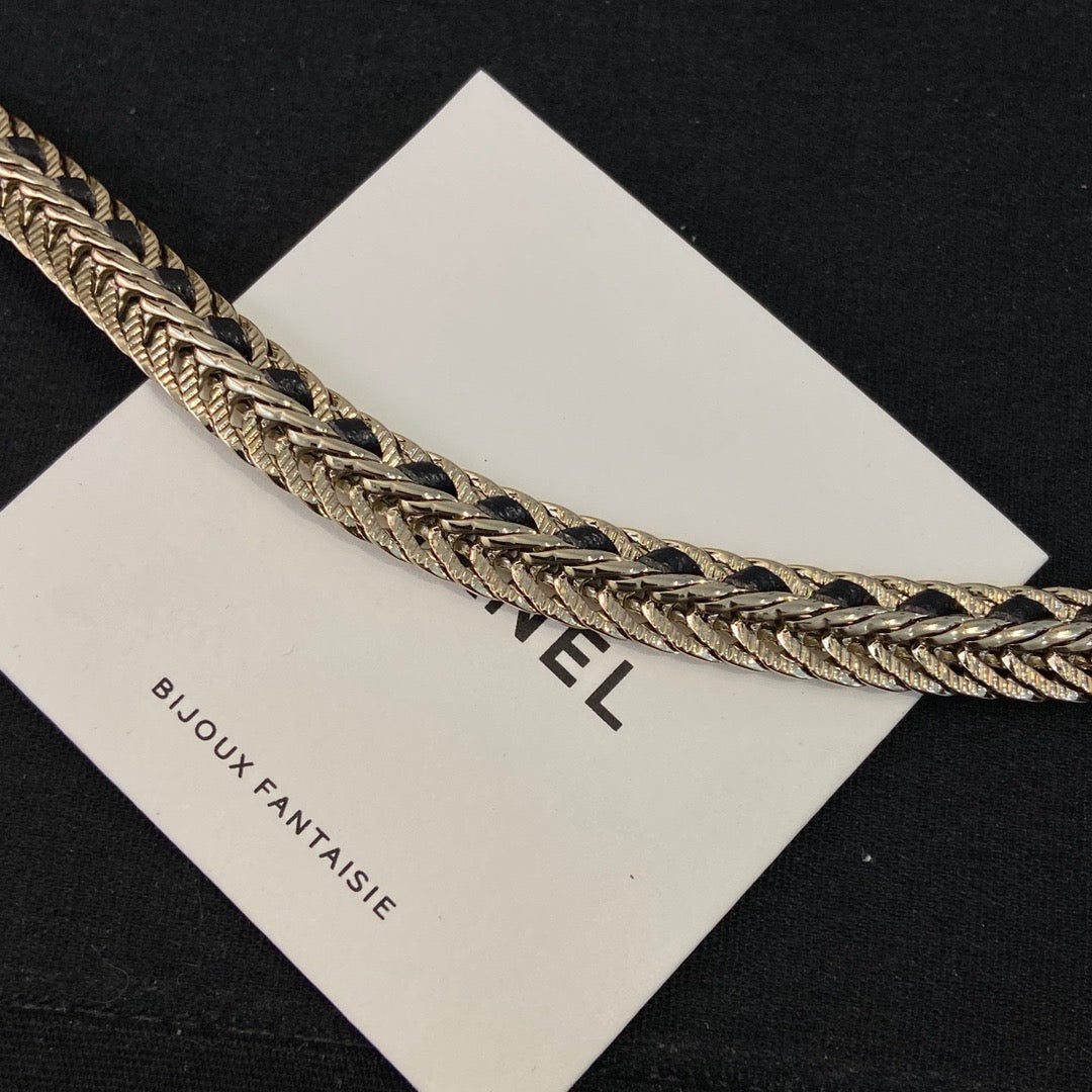 Chanel Black Leather Gold Choker Necklaces
