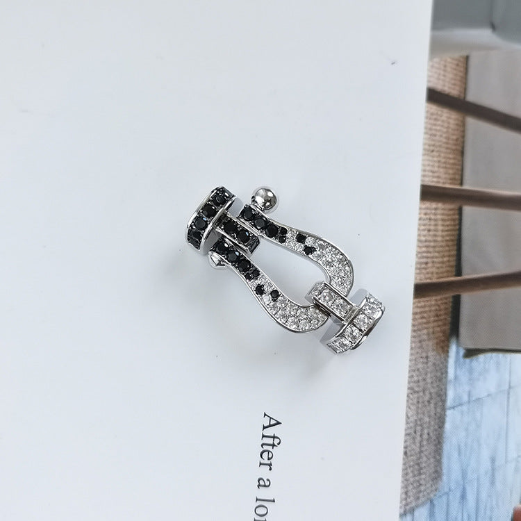FRED FORCE LARGE HORSESHOE BLACK WHITE DIAMOND BRACELET SILVER