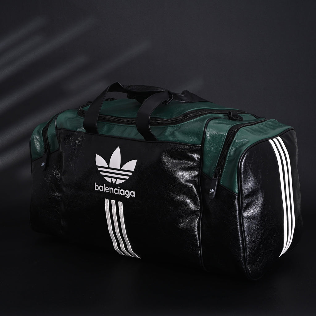balenciaga-x-adidas-large-duffel-travel-bag-black-green-with-trefoil-logo-and-triple-stripes Handle
