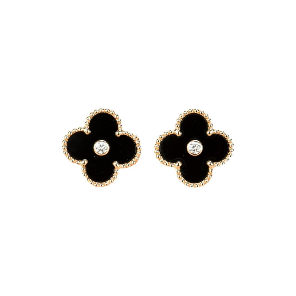 VCA CLOVER MEDIUM 1 MOTIFS ONYX DIAMOND EARRINGS